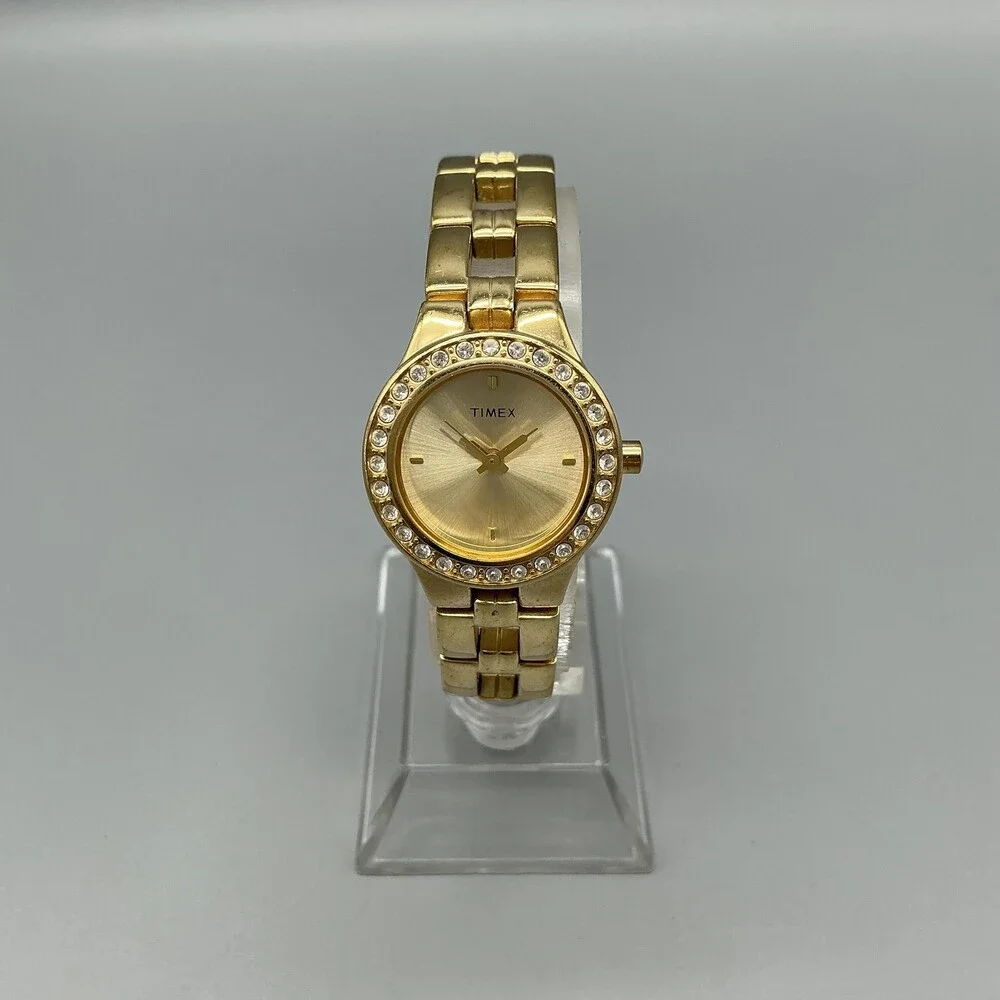 Timex Womens Watch 23mm Gold Tone Crystals Dress Bracelet New Battery 6.75